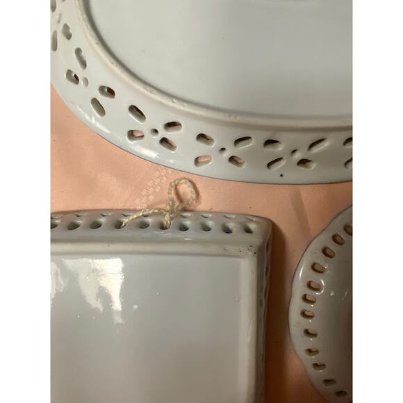 Set of 3 Dishes White with blue florals Pierced edges, shelf or wall art EUC - Picture 11 of 13